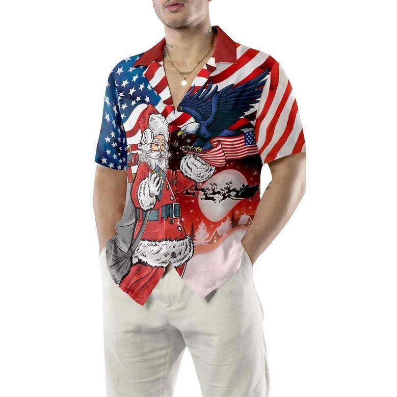 Eagle Perched On Santa's Hand With American Flag Background Hawaiian Shirt, Xmas Hawaiian Shirts