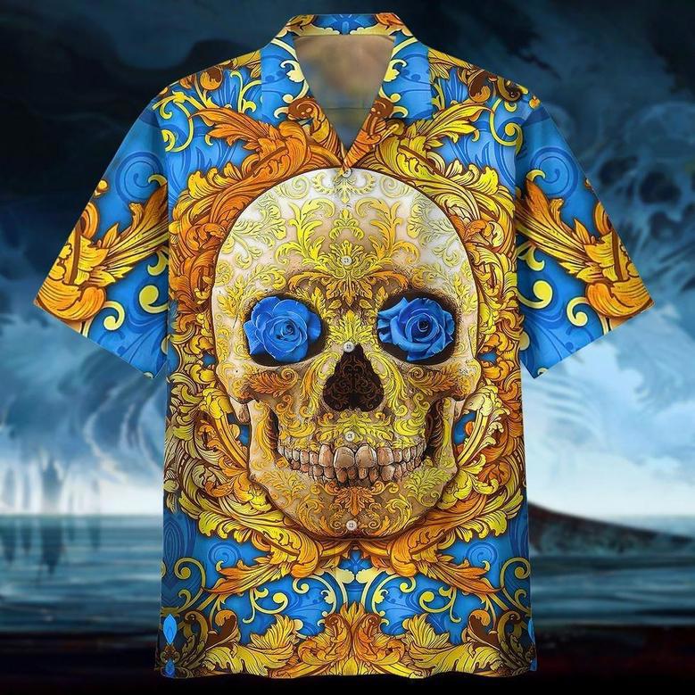 Full Printed Hawaiian Shirts With Skull, Blue Flowers Skull Hawaii Aloha Beach Shirts, Skull Hawaiian Shirt