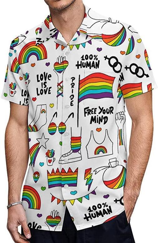 Gay Pride Hawaiian Shirt, Love Is Love Hawaii Shirt For Lesbian, Free Your Mind, Human Right Rainbow Hawaiian Shirt