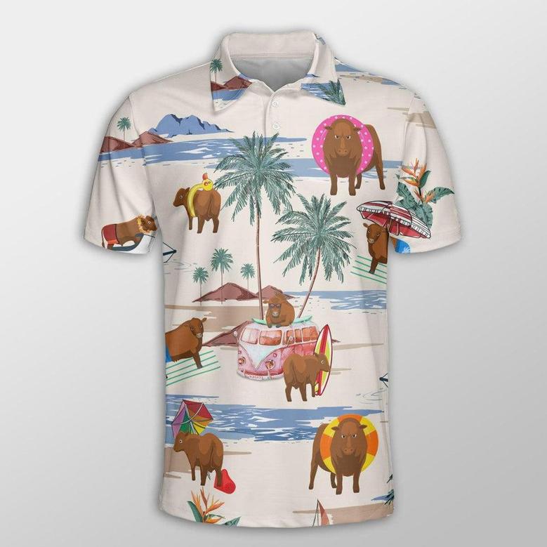 Gelbvieh Men Polo Shirts For Summer - Gelbvieh Summer Beach Pattern Button Shirts For Men - Perfect Gift For Gelbvieh Lovers, Cattle Lovers