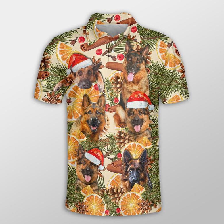 German Shepherd Christmas Orange Cinnamon Dog Button Polo Shirt, Christmas Farm Polo Shirt