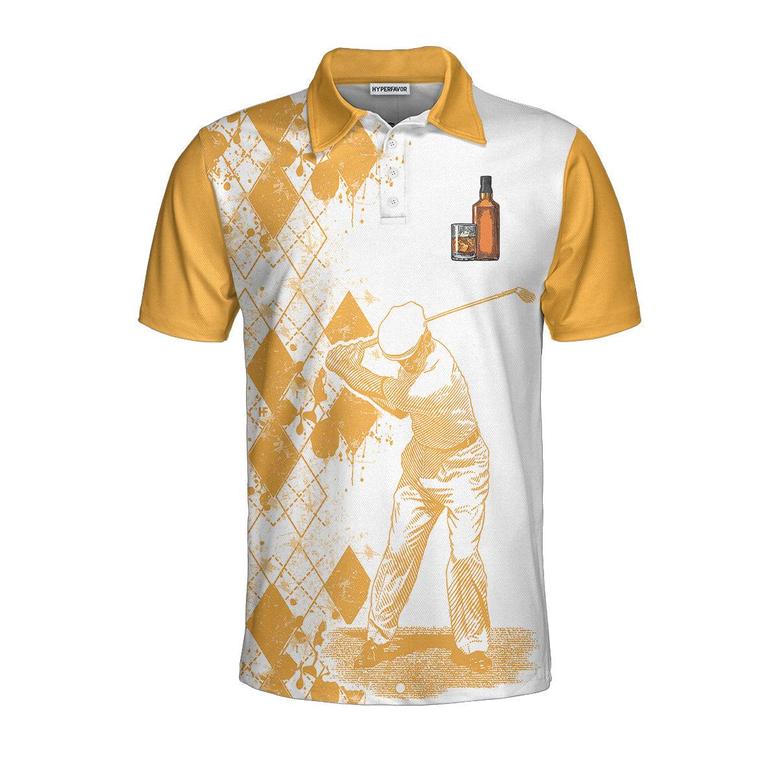 Golf And Wine Polo Shirt, Orange Argyle Pattern Golf Shirt For Male Players, Funny Golf Shirt With Sayings Coolspod