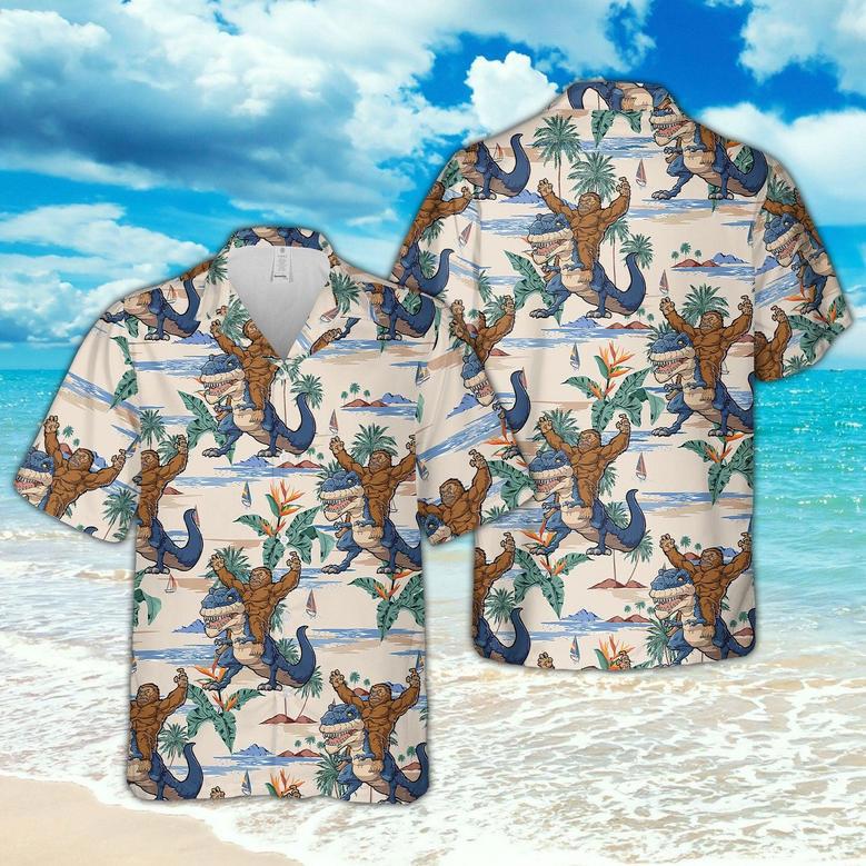 Hawaiian Aloha Shirts Funny Gorilla Drives Dinosaur