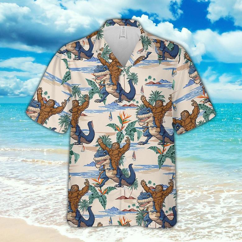 Hawaiian Aloha Shirts Funny Gorilla Drives Dinosaur