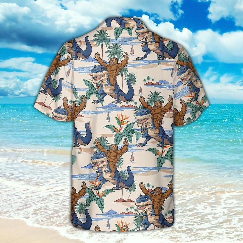 Hawaiian Aloha Shirts Funny Gorilla Drives Dinosaur