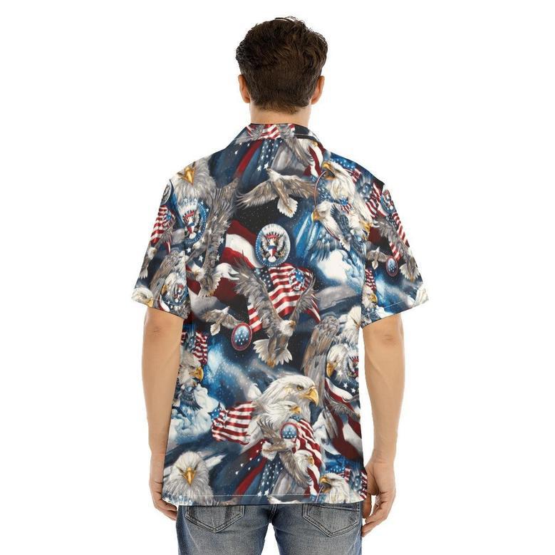 Hawaiian Camp Collar Short Sleeve Button-Down Shirt Eagles Americana, Independence Day Hawaii Shirt