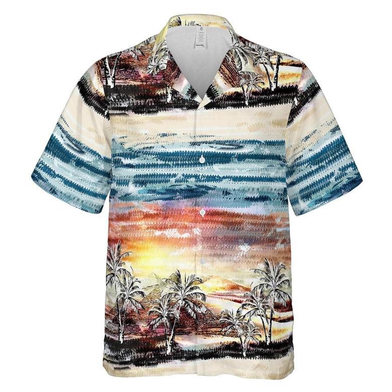 Hawaiian Camp Collar Short Sleeve Button Down Shirt Palms Art, Hawaii Aloha Shirts