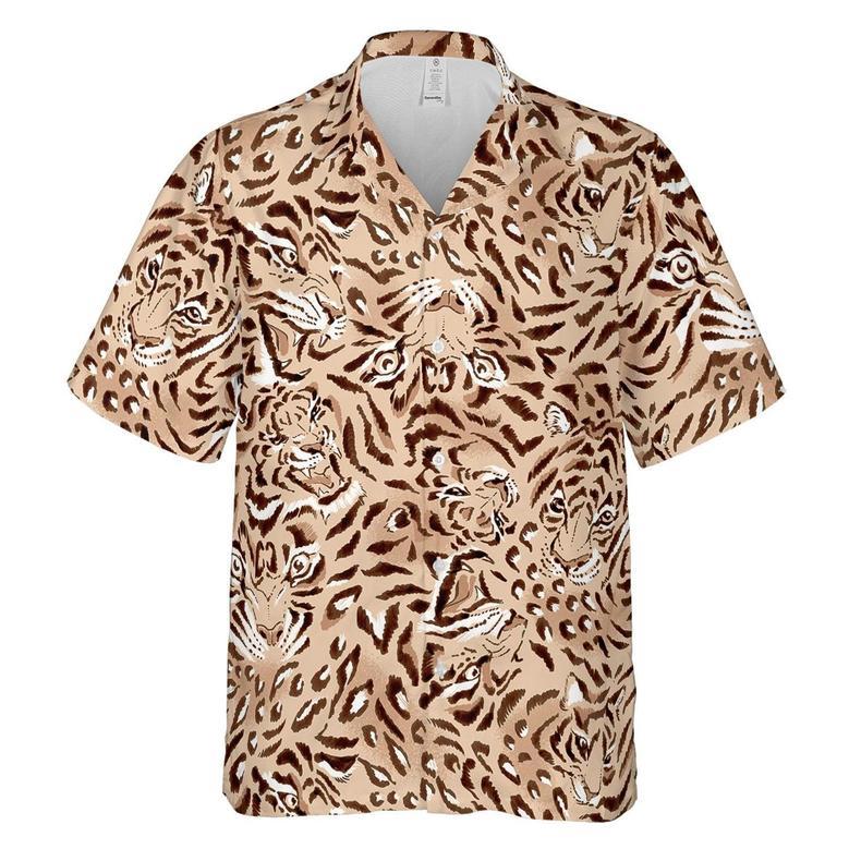 Hawaiian Camp Collar Short Sleeve Button-Down Shirt Tiger Faces, Tiger Hawaiian Shirts