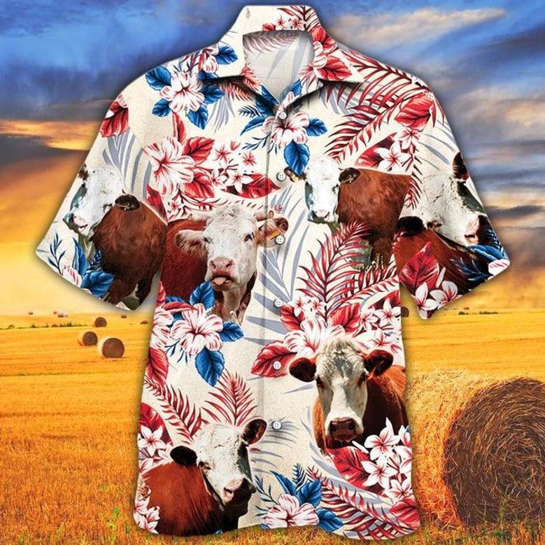 Hereford Cattle Lovers American Flag Hawaiian Shirt, Unisex Print Aloha Short Sleeve Casual Shirt