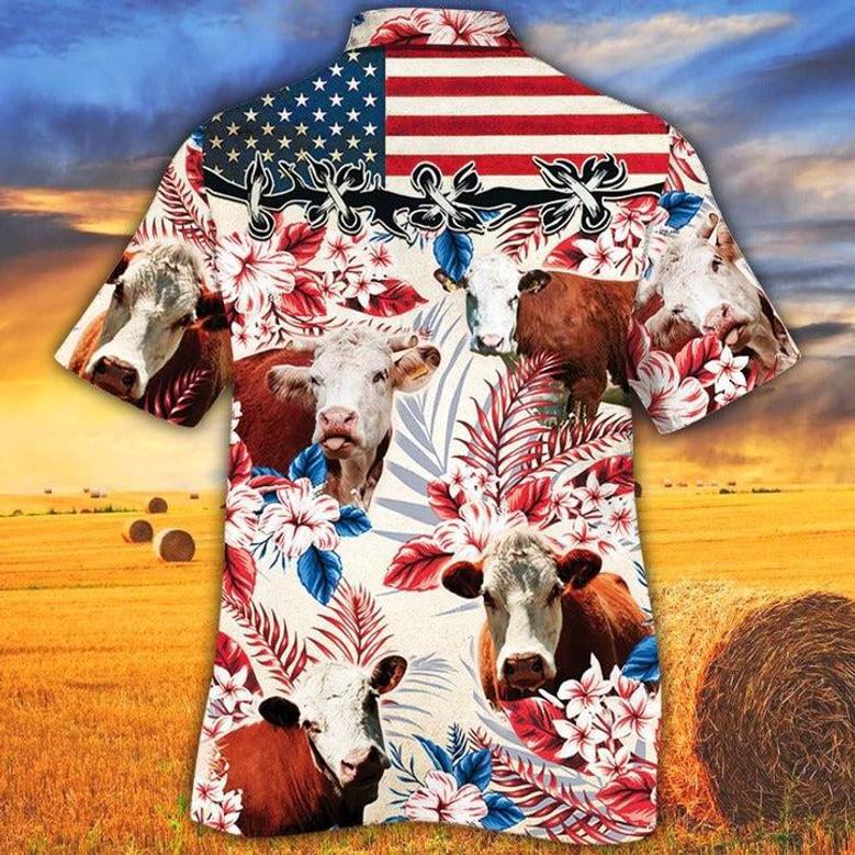 Hereford Cattle Lovers American Flag Hawaiian Shirt, Unisex Print Aloha Short Sleeve Casual Shirt