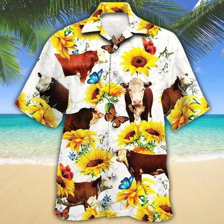 Hereford Cattle Lovers Sun Flower Hawaiian Shirt, Unisex Print Aloha Short Sleeve Casual Shirt