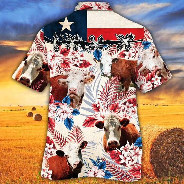 Hereford Cattle Lovers Texas Flag Hawaiian Shirt, Unisex Print Aloha Short Sleeve Casual Shirt