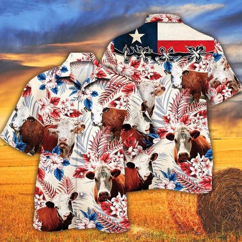 Hereford Cattle Lovers Texas Flag Hawaiian Shirt, Unisex Print Aloha Short Sleeve Casual Shirt