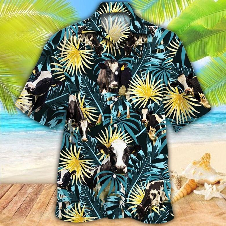 Holstein Friesian Cattle Blue And Yellow Tropical Plants Hawaiian Shirt