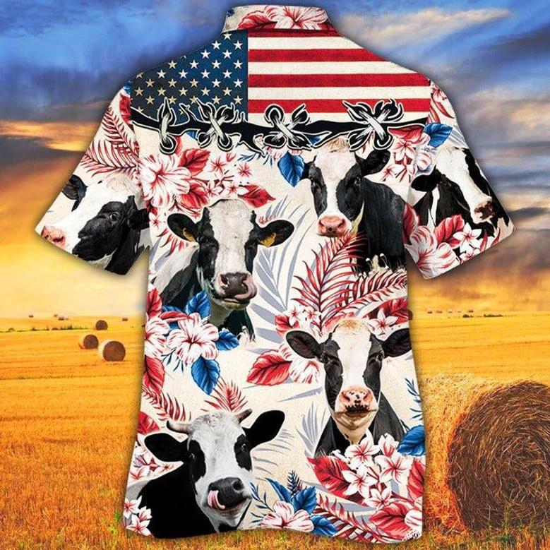 Holstein Friesian Cattle Lovers American Flag Hawaiian Shirt, Unisex Print Aloha Short Sleeve Casual Shirt