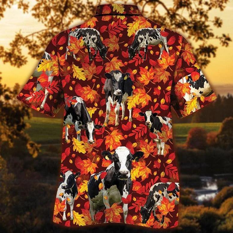 Holstein Friesian Cattle Lovers Autumn Red Leaves Hawaiian Shirt, Unisex Print Aloha Short Sleeve Casual Shirt