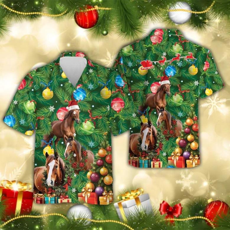 Horse Christmas Pine Tree Hawaiian Shirt, Xmas Hawaiian Shirts