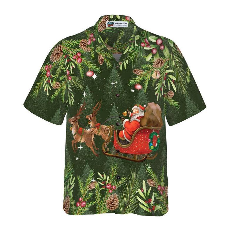 Hyperfavor Santa Santa Riding Sleigh Pattern Hawaiian Shirt, Christmas Shirts, Xmas Hawaiian Shirts