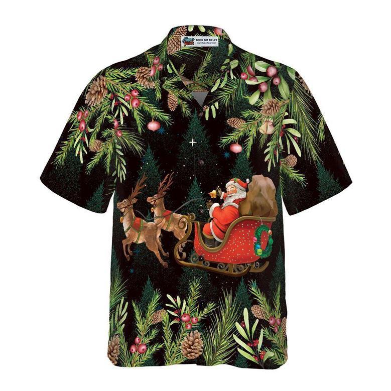 Hyperfavor Santa Santa Riding Sleigh Pattern Hawaiian Shirt, Xmas Hawaiian Shirts