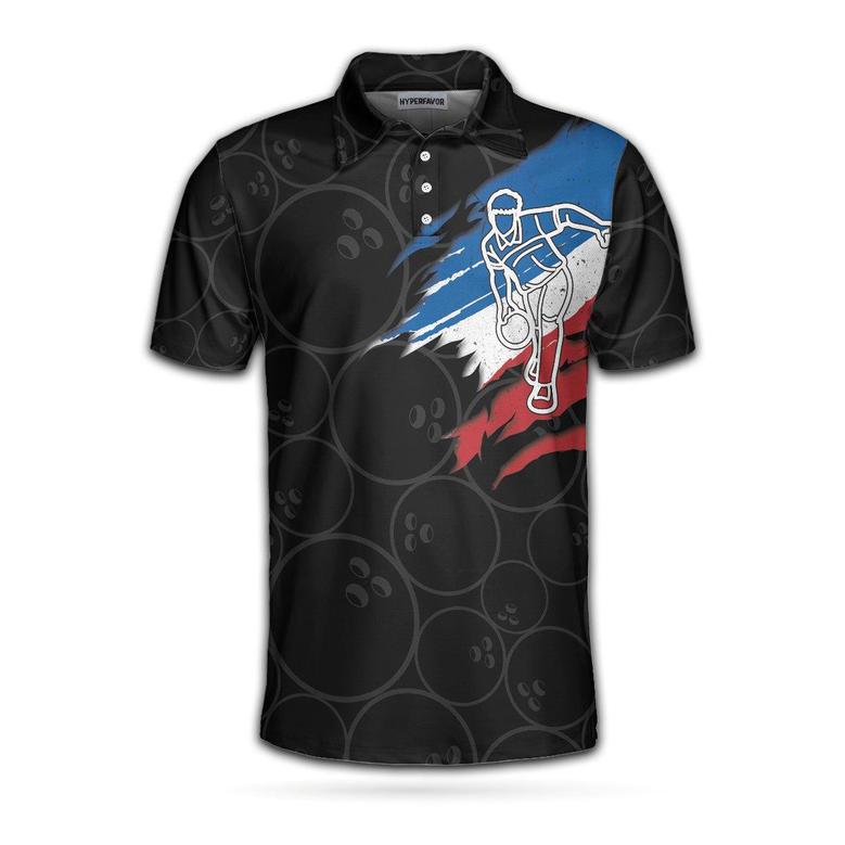 I Beat People With Three Fingers Bowling Polo Shirt, Black Polo Style Bowling Shirt For Men, Bowling Gift Idea Coolspod