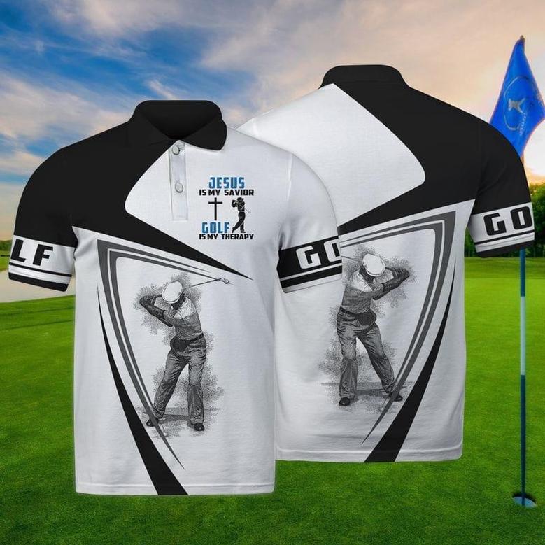 Jesus Is My Savior Golf Is My Therapy Golf Polo Shirt, Black And White Tropical Shirt For Men