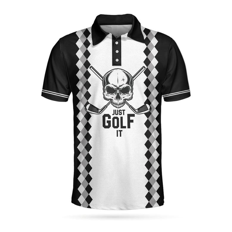 Just Golf It Skull Short Sleeve Golf Polo Shirt, Black And White Golf Shirt For Men Coolspod