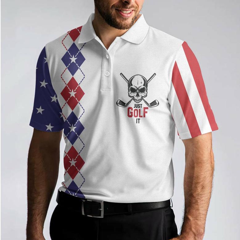 Just Golf It Skull Short Sleeve Golf Polo Shirt, Argyle Pattern American Flag Golf Shirt For Men Coolspod