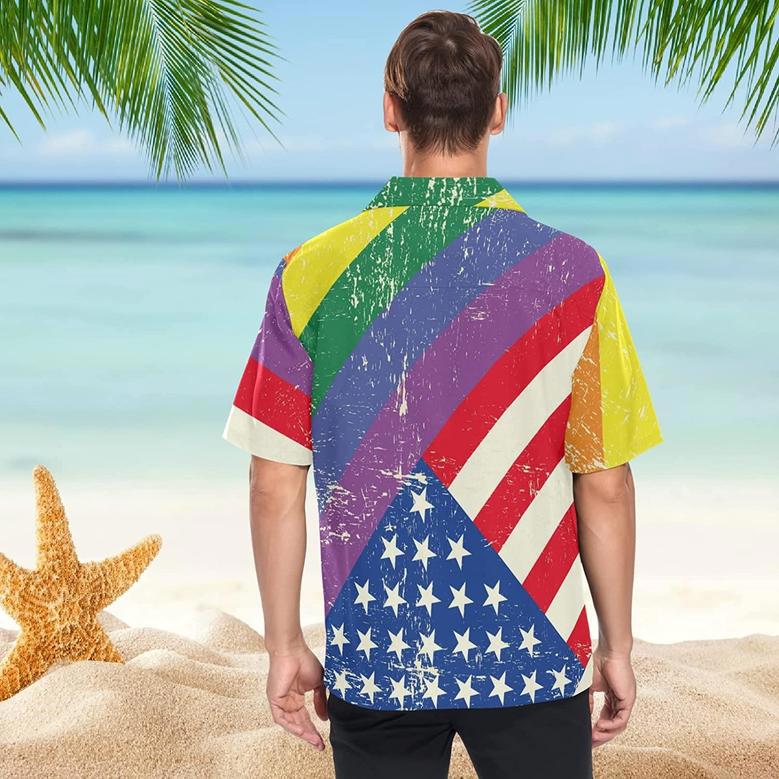 Lgbt Rainbow Men's Hawaiian Shirt American Flag Background, Short Sleeves Button Down Aloha Shirts Beach For Ally