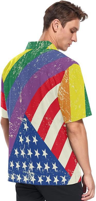 Lgbt Rainbow Men's Hawaiian Shirt American Flag Background, Short Sleeves Button Down Aloha Shirts Beach For Ally