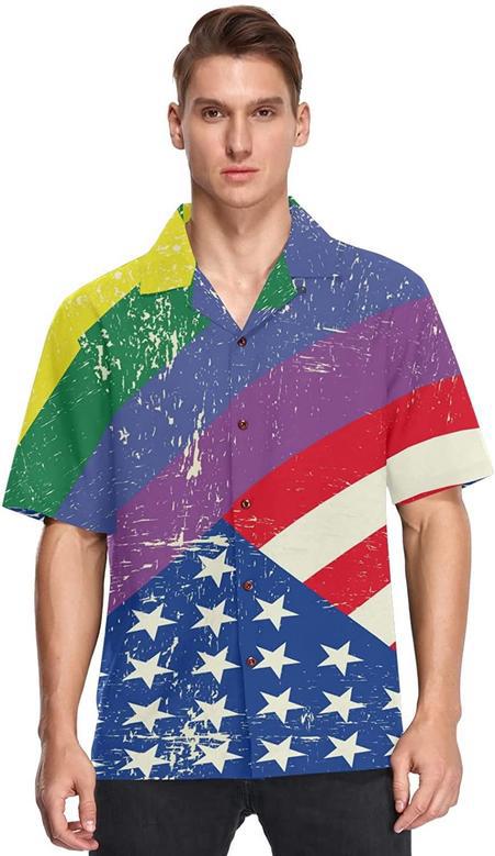 Lgbt Rainbow Men's Hawaiian Shirt American Flag Background, Short Sleeves Button Down Aloha Shirts Beach For Ally