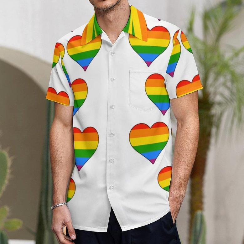 Lgbtq Rainbow Heart Gay Pride Cute Hawaiian Vintage Shirt Mens Button Down Plus Size Tropical Hawaii Beach Shirts