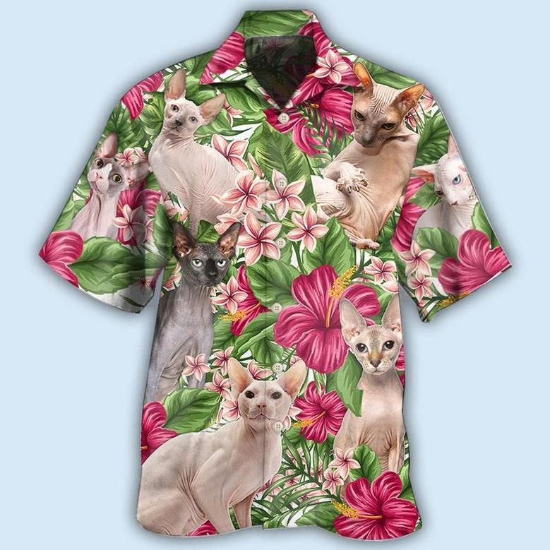 Lovely Sphynx Cat With Tropical Floral Pattern Hawaiian Shirt, Cat Lovers Hawaii Shirt