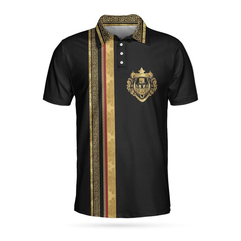 Luxury Baroque Pattern Golf Polo Shirt, Golden Greek Key Pattern Polo Shirt, Best Golf Shirt For Men Coolspod