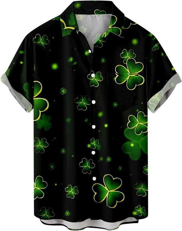 Mens St.Patrick's Day Shirt Irish Clover Printed Casual Shirt Short Sleeve Button Down Vintage Hawaiian Shirts