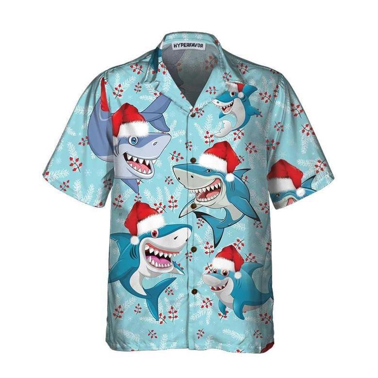 Merry Christmas Shark Santa Hat Christmas Hawaiian Shirt, Xmas Hawaiian Shirts