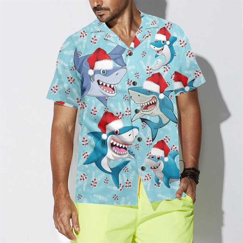 Merry Christmas Shark Santa Hat Christmas Hawaiian Shirt, Xmas Hawaiian Shirts