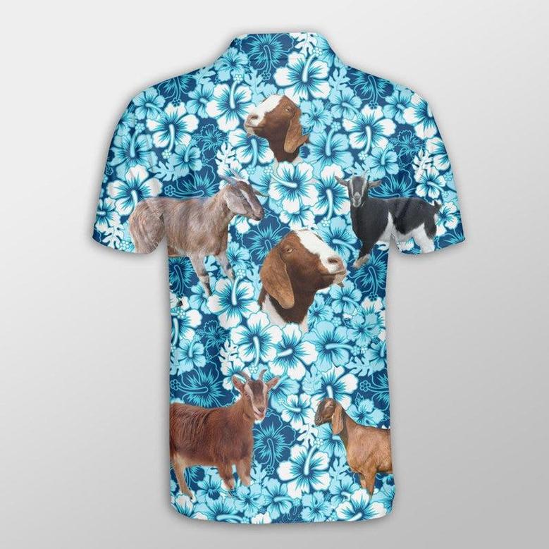 Nubian Goat Men Polo Shirts For Summer - Nubian Goat Blue Hibiscus Pattern Button Shirts For Men - Perfect Gift For Nubian Goat Lovers, Cattle Lovers