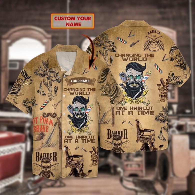 Personalized Barber Skull Hawaiian Shirt, All Over Printed Hawaiian Aloha Beach Shirt For A Barber, Gift For Barber