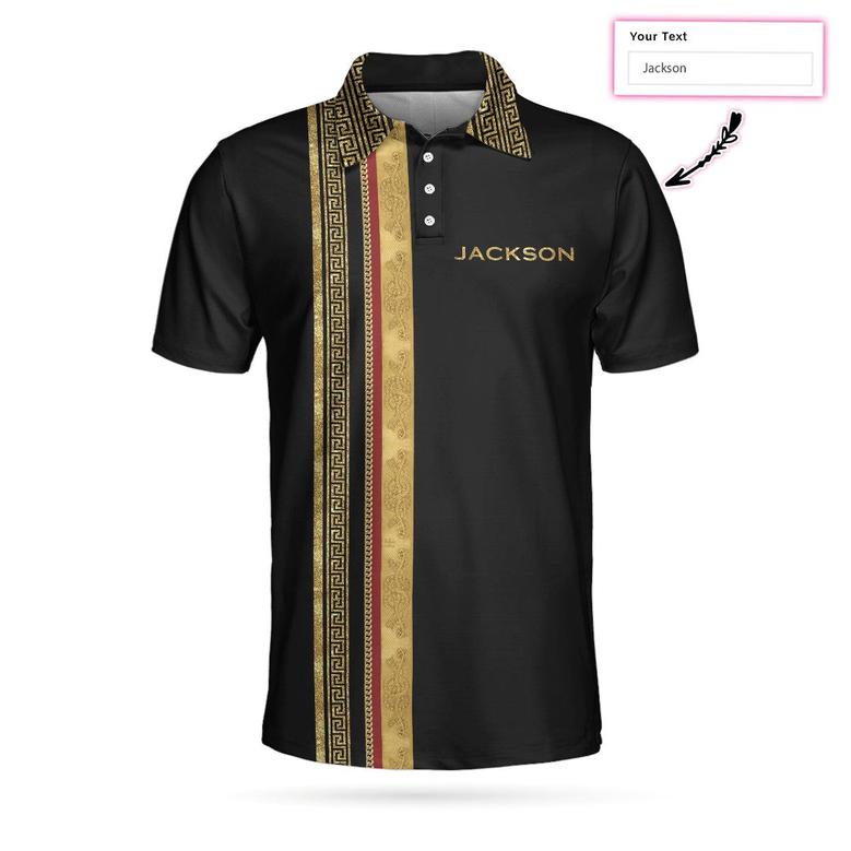 Personalized Luxury Baroque Pattern Golf Custom Polo Shirt, Golden Greek Key Pattern Golf Shirt For Men Coolspod