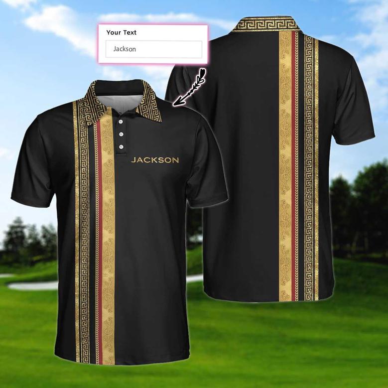 Personalized Luxury Baroque Pattern Golf Custom Polo Shirt, Golden Greek Key Pattern Golf Shirt For Men Coolspod
