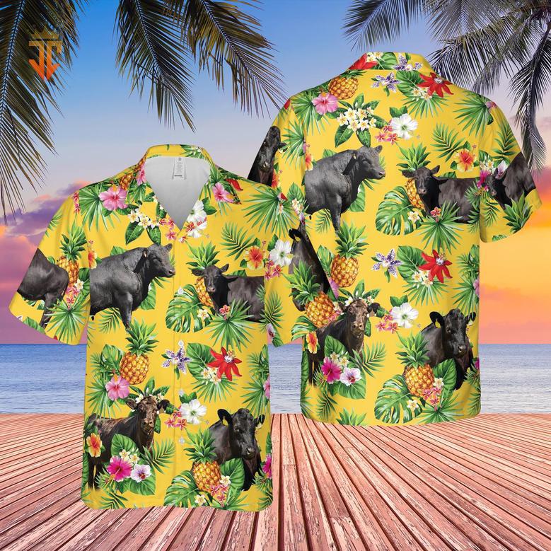 Personalized Name Black Angus Cattle Pineapples All Over Printed Hawaiian Shirt