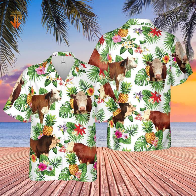 Personalized Name Hereford Cattle Pineapples All Over Printed Hawaiian Shirt