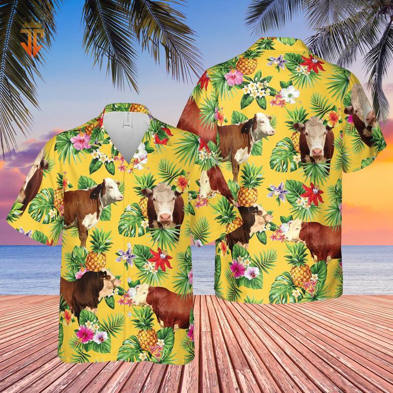 Personalized Name Hereford Cattle Pineapples All Over Printed Hawaiian Shirt