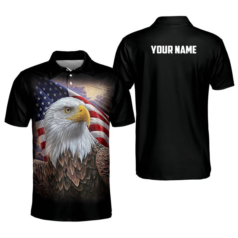 Personalized Name Printed American Flag Design With Eagle Polo Shirt, July Polo Shirt