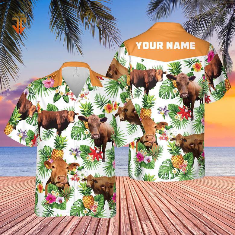 Personalized Name Red Angus Cattle Pineapples All Over Printed Hawaiian Shirt