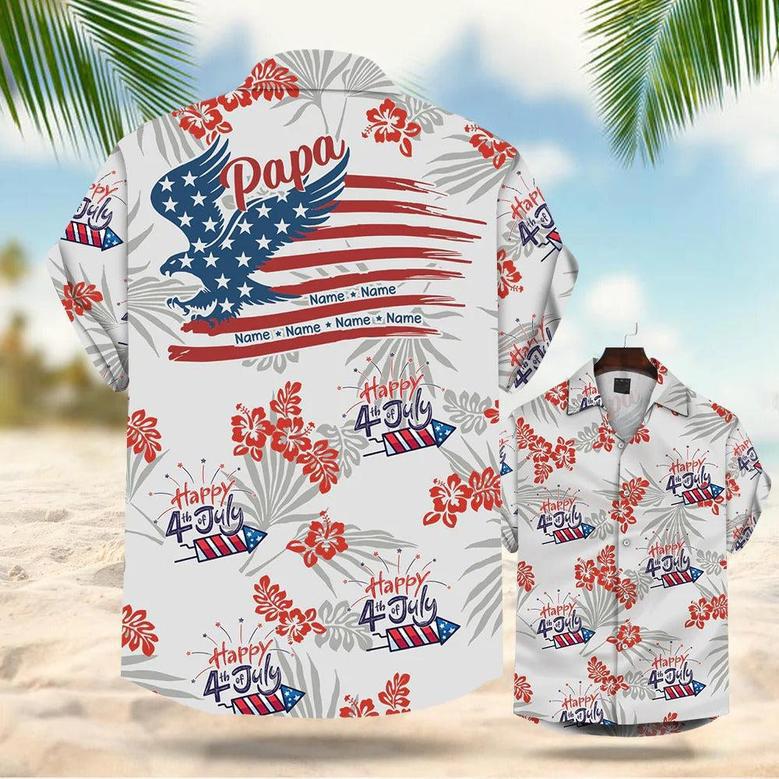 Personalized Papa Of July Summer Hibiscus Hawaiian Shirt For Dad Papa, Independence Day Dad Hawaiian Shirt