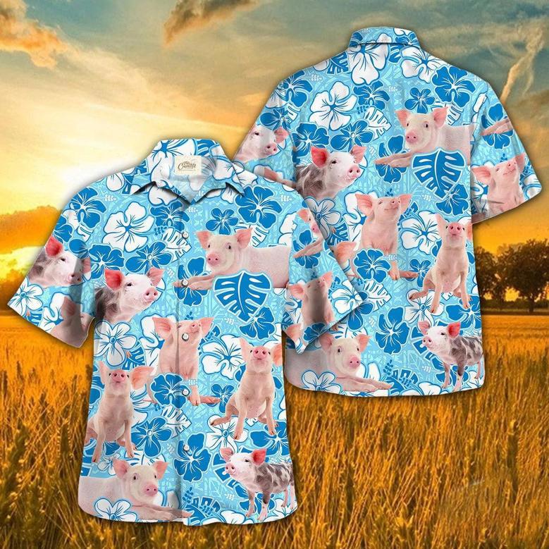 Pig Blue Floral Hawaiian Shirt, Pig Hawaiian Shirt Short Sleeve, Summer Hawaii Shirt For Farmer