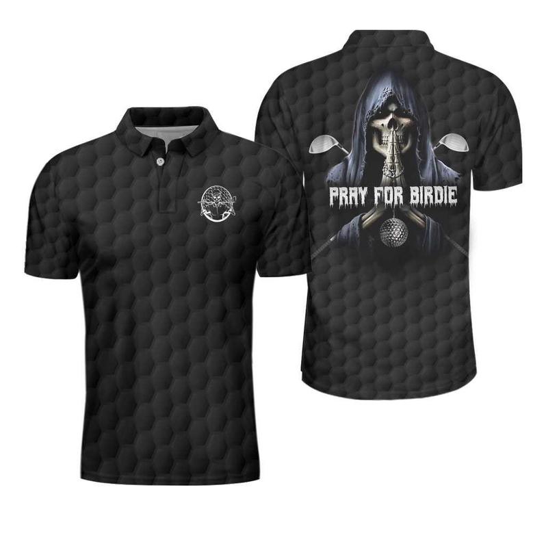 Pray For Birdie Golfing Skeleton Polo Shirt, Black Golf Pattern Skull Polo Shirt, Best Golf Shirt For Men Coolspod