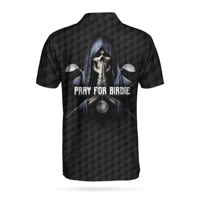 Pray For Birdie Golfing Skeleton Polo Shirt, Black Golf Pattern Skull Polo Shirt, Best Golf Shirt For Men Coolspod