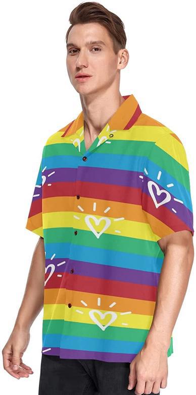 Rainbow Lgbt Striped Flag Men's Hawaiian Shirt Short Sleeves Button Down Aloha Shirts Beach